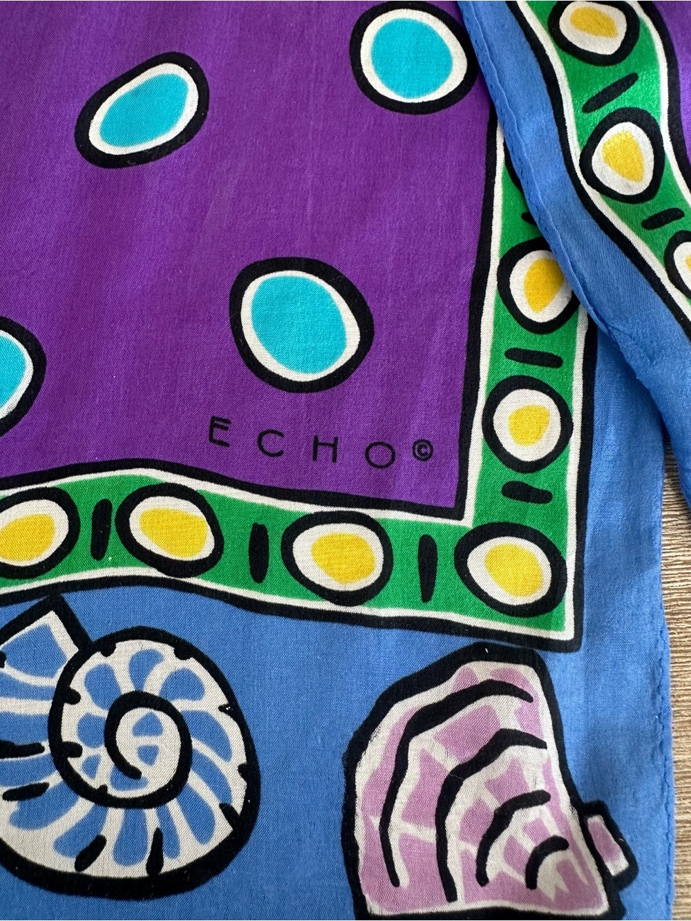 VTG Echo Silk Scarf Blue Green Seashell Starfish Nautical Coastal Pop Art Oblong - Picture 2 of 7